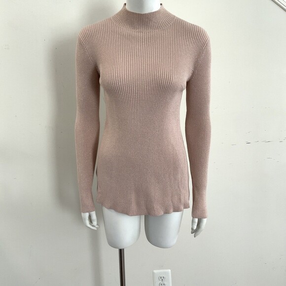 BCBGMaxAzria Charlie Ribbed Long Sleeve High Neck Blouse Top Blush XXS - Picture 9 of 15